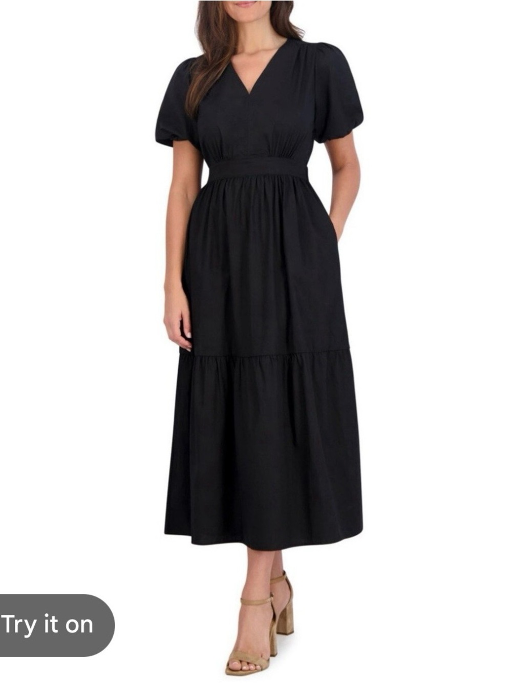 French Connection Black Tiered V-Neck Maxi Dress with Puff Sleeves